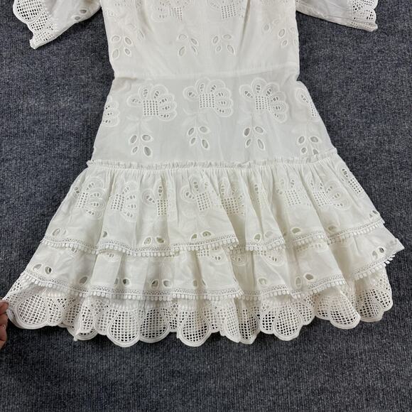 Alexis Dress Small Afonsa Tiered Mini White Embroidered Eyelet Lace Cottagecore - Picture 9 of 15